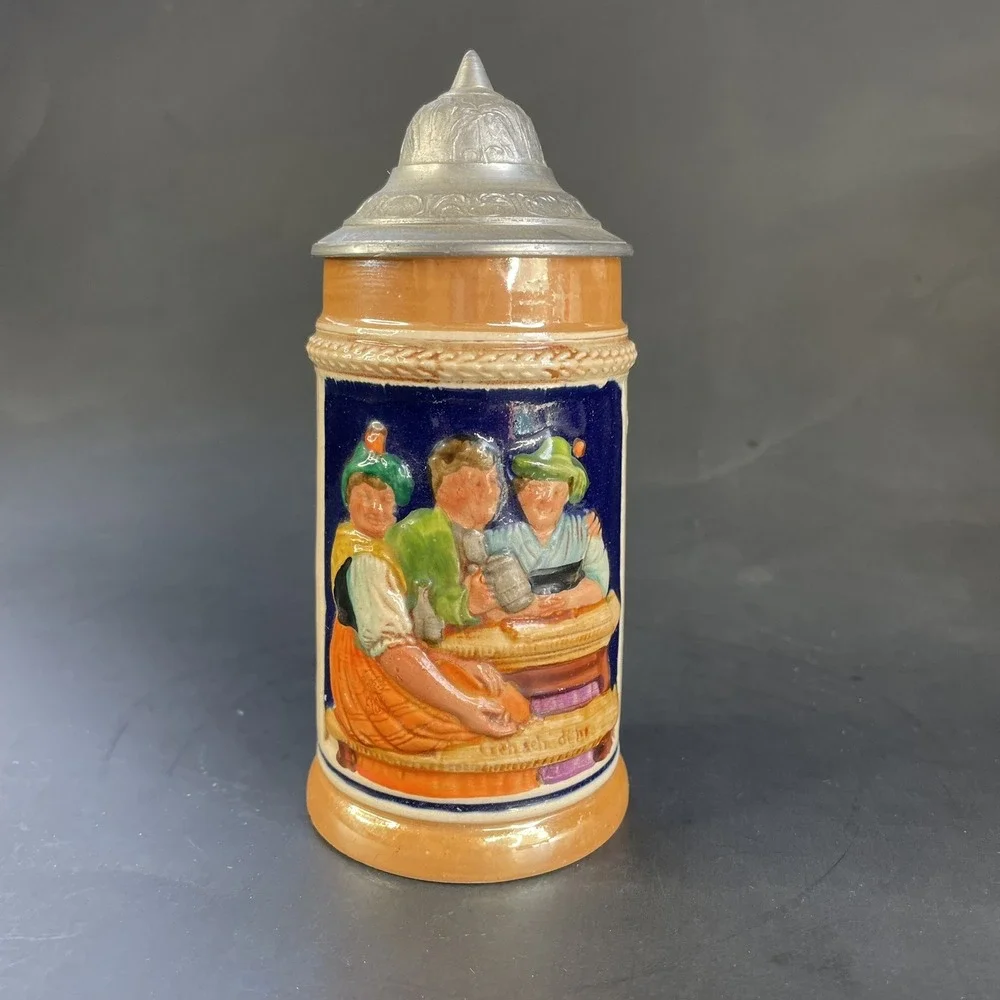 Small Vintage German Lidded Mini Beer‎ Stein Tavern Scene Floral